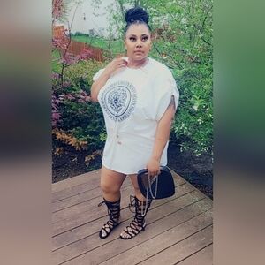 White Graphic Tunic Dress with Medallion Detail